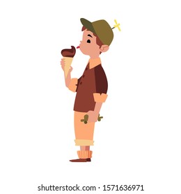 Child holding   eating chocolate ice cream cone  little boy in propeller hat licking summer dessert   standing  Isolated cartoon character    flat vector illustration 