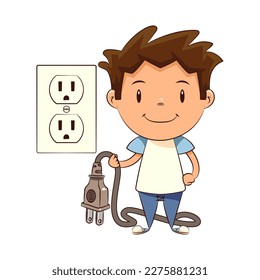 Child holding electric plug, vector illustration