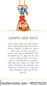 Child holding empty blank poster hung upside down. Template for advertising brochure. Ready for your message. Space for text. Funny cartoon character. Vector illustration. Isolated on white background