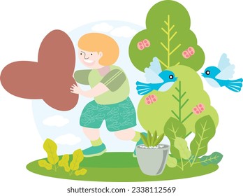 a child holding the English alphabet letter Y with blue sky and beautiful green environment with birds on trees and butterflies and green plants