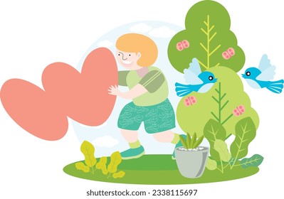 a child holding the English alphabet letter W with blue sky and beautiful green environment with birds on trees and butterflies and green plants