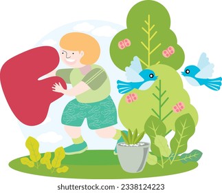a child holding the English alphabet letter F with blue sky and beautiful green environment with birds on trees and butterflies and green plants