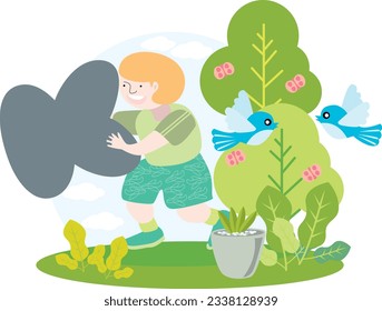a child holding the English alphabet letter K with blue sky and beautiful green environment with birds on trees and butterflies and green plants