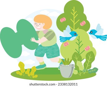 a child holding the English alphabet letter H with blue sky and beautiful green environment with birds on trees and butterflies and green plants