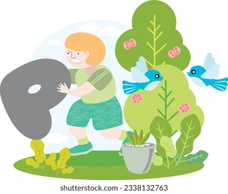 a child holding the English alphabet letter P with blue sky and beautiful green environment with birds on trees and butterflies and green plants