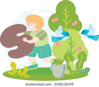 a child holding the English alphabet letter S with blue sky and beautiful green environment with birds on trees and butterflies and green plants
