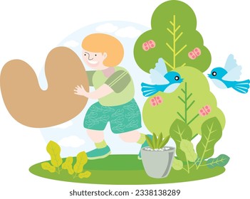 a child holding the English alphabet letter U with blue sky and beautiful green environment with birds on trees and butterflies and green plants