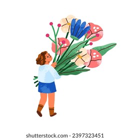 Child holding flower bouquet in hands. Cute tiny girl kid carrying huge floral bunch. Walking with spring blossomed blooms for holiday gift. Flat vector illustration isolated on white background.