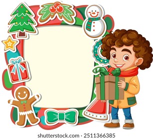 Child holding gift with festive decorations