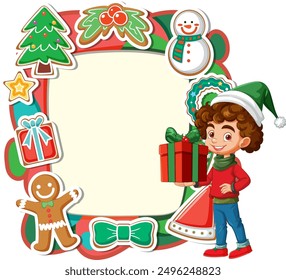 Child holding gift surrounded by holiday decorations