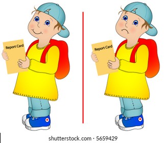 Child Holding Good And Bad Report Card Wearing Book-bag And Hat.