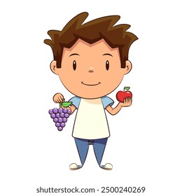 Child holding grapes and red apple