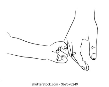 The child holding the hand of the mother finger. My mother is a child's hand. Woven hands. Drawn by hand scribble black and white cartoon vector