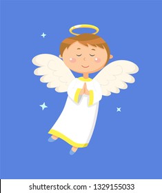 Child holding hands together vector, angel praying for peace. Angelic boy with wings and halo closed eyes. Kid wearing long costume, calm character