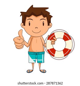 Child holding lifebuoy, vector illustration