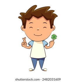 Child holding lucky clover, fingers crossed, good luck charm