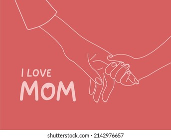 Child Holding Mother's  hand. pink line art drawing style on red background. Illustration of love, I love mom, greeting card, vector illustration.