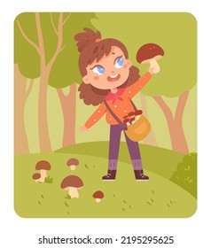 Child holding mushroom vector illustration. Cartoon kid picking mushrooms in basket, happy girl with funny smile walking on green grass glade of autumn or summer forest, enjoying outdoor nature