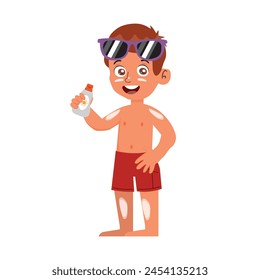 child holding a package of sunscreen. Little boy on the beach protecting himself from the sun. vector illustration.