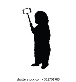 child holding phone for selfie vector silhouette in black