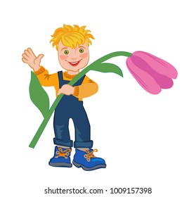 Child is holding pink tulip  in Cartoon Character for congratulation card.