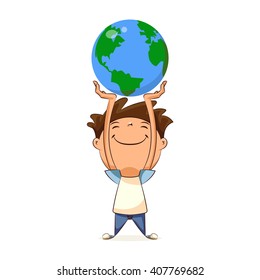 Child holding planet earth, vector illustration