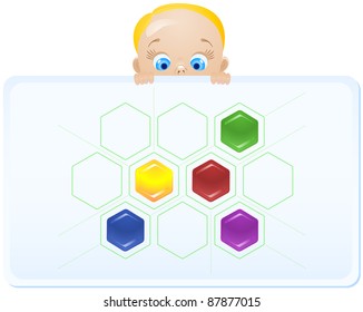 A child holding a poster with a painted pattern consisting of hexagons