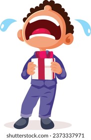 
Child Holding a present Crying and Misbehaving Vector Character illustration. Boy sharing fake tears during temper tantrum for not getting what he wants

