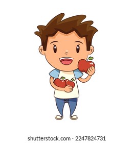 Child holding red apples cute kid vector illustration