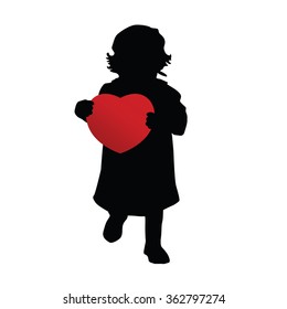 child holding red heart vector silhouette illustration