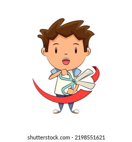 Child Holding Scissors Cutting Red Ribbon, Grand Opening Ceremony, Vector Illustration