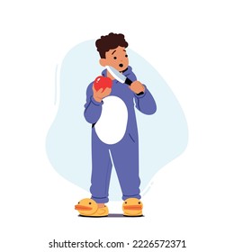 Child Holding Sharp Knife for Cutting Apple. Kid In Dangerous Situation, Risk At Home Concept With Little Boy Character Isolated on White Background. Cartoon Vector Illustration