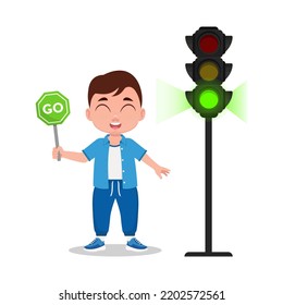 The child is holding a sign go. The traffic light shows a green signal. vector illustration