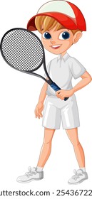 Child holding tennis racket, wearing sports attire