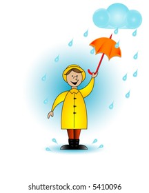 Child holding an umbrella in the rain, vector.