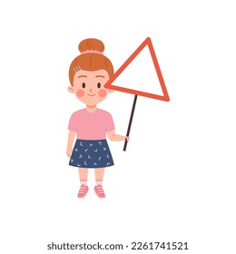 Child holding warning sign about approach of dangerous section of road, flat vector illustration isolated on white background. Girl with road caution sign.