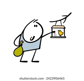 Child holds bag of food and pours seeds into the feeder. Vector illustration of doodle stickman feeding birds, taking care of nature in city park. Isolated cartoon character on white background.