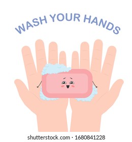 The Child Holds A Cute Soap In His Hands. Wash Your Hands. Vector Illustration