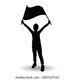 child holds a flag in both hands on white background