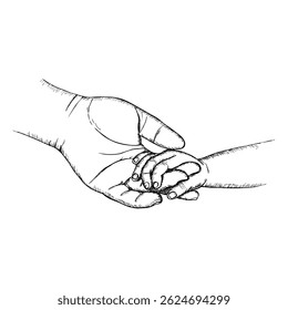 The child holds his parent's hand sketch outline illustration. Father's Day drawing in engraving style. Hand drawn vector line art clipart design