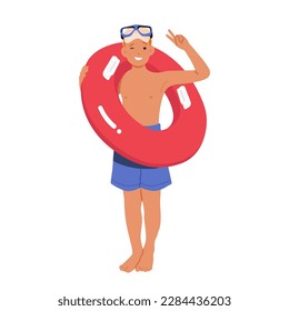 Child Holds Inflatable Ring ready for Playing In Swimming Pool Or At The Beach. The Image Depicts A Carefree Summer Moment, Perfect For Vacation Or Travel-related Content. Cartoon Vector Illustration