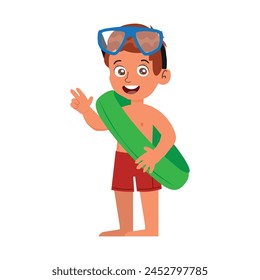 Child Holds Inflatable Ring ready for Playing In Swimming Pool Or At The Beach The Image Depicts Carefree Summer Moment.