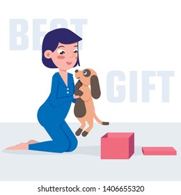 The child holds a puppy. Best gift. Vector illustration for web design, banner, sticker. Caring for pets. Animal is the best friend.