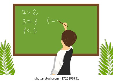 Child home education. Distance learning. Schooling. Teaching worldwide. Pupil boy does his hometask on the desk. The son is studying. Flat illustration.