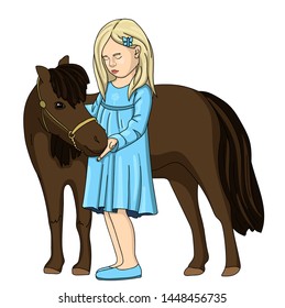 child with a horse. little blonde girl in a blue dress strokes a pony's mane