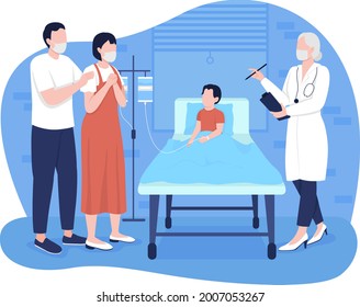 Child in hospital room 2D vector isolated illustration. Parents talking with pediatrician about patient state flat characters on cartoon background. Pediatric emergency room colourful scene