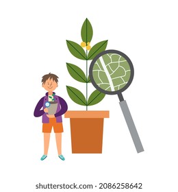 Child with house plant and looking glass learning botany - botanical presentation concept with little cartoon boy showing green leaf structure, isolated vector illustration.