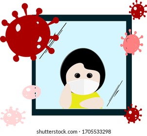 child in the house, window, Reduce germs, prevent viruses and reduce pandemics. Cartoon 