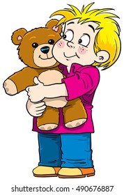 child hugging brown teddy bear