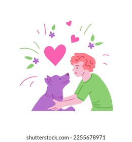 Child hugging cute funny dog. Love between dog and owner, human and pets friendship concept, flat cartoon vector illustration isolated on white background.